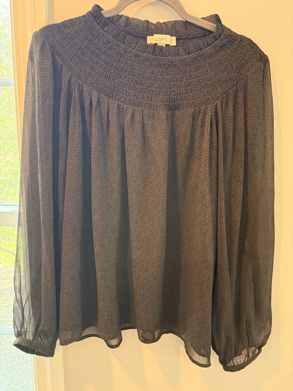 LOFT Black Sheer Smocked peasant top large